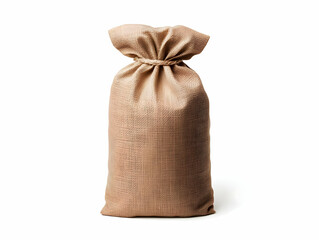 Burlap Sack Stands Upright with Tied Top Securely on White Background.