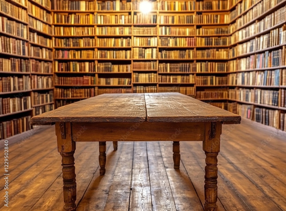 Poster blurred background of an old library with bookshelves and a wooden table for product display, with b