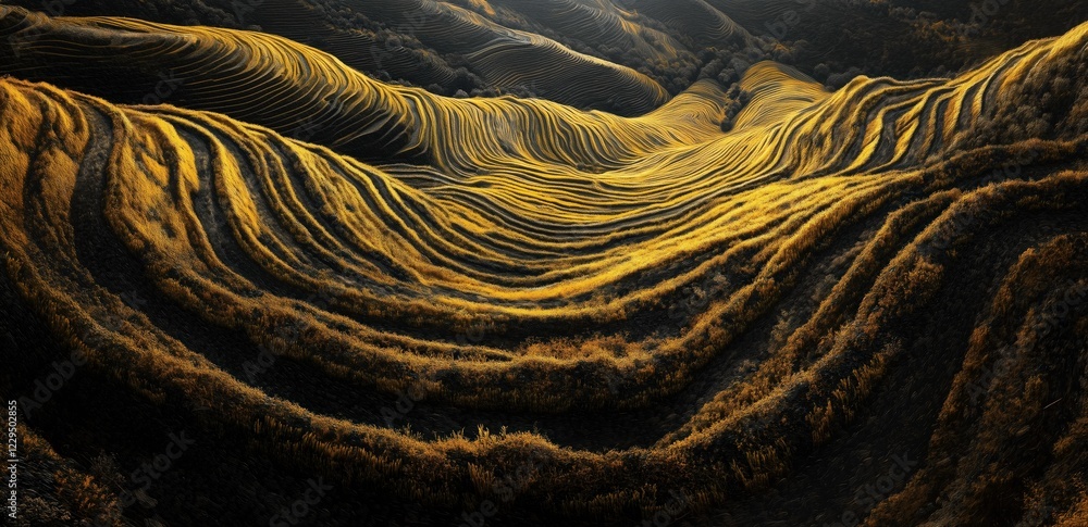 Poster golden waves of stone: a mesmerizing close-up shot of a geological formation resembling flowing gold