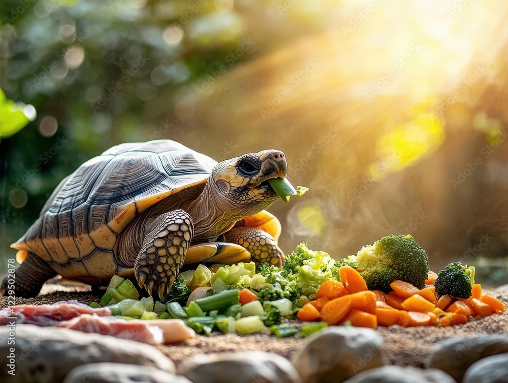 Poster delightful tortoise enjoys fresh vegetables in sunlit garden setting with lush background and soft l