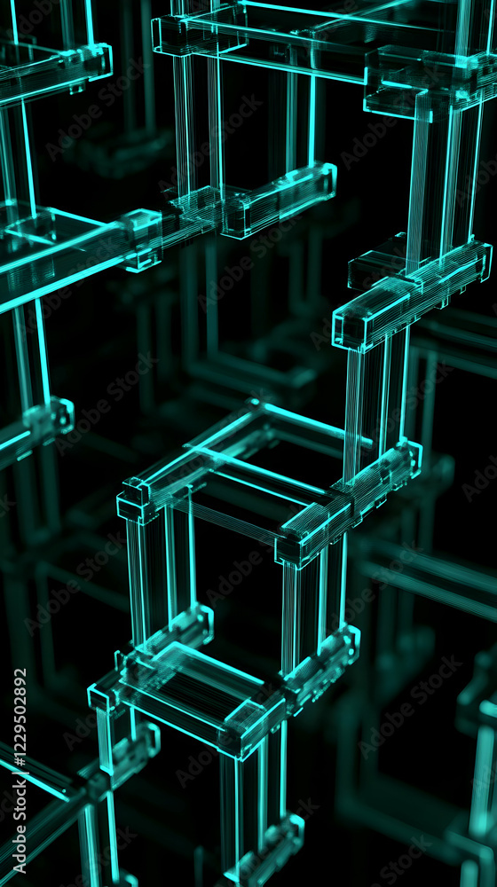 Poster abstract 3d render of interconnected glowing rectangular structures creates a complex network