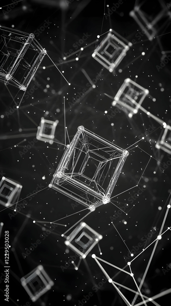 Poster abstract 3d cubes connected by lines and dots on a black background creates a futuristic network ill