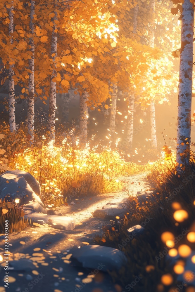 Poster a serene autumn forest scene with sunlight illuminating a path surrounded by birch trees and golden 