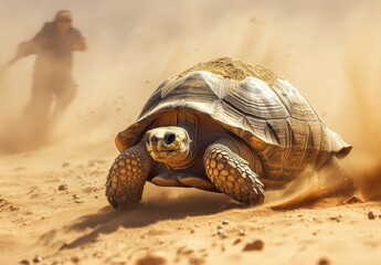 Obraz premium Desert Tortoise Crawling Through Sand with Soldier Silhouette in Background during Heat of Daytime in Scenic Natural Environment