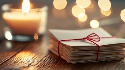 valentine days with Property concept. Warm Candlelight with Stack of Unopened Letters