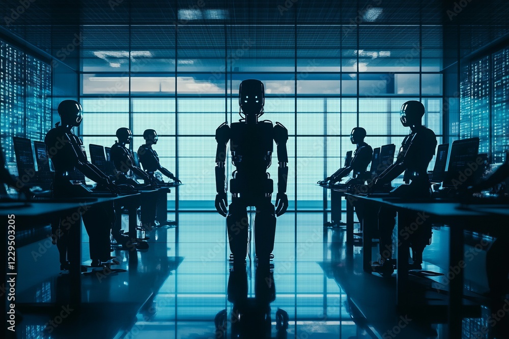 Poster a group of humanoid robots working in a futuristic office setting, surrounded by digital screens and