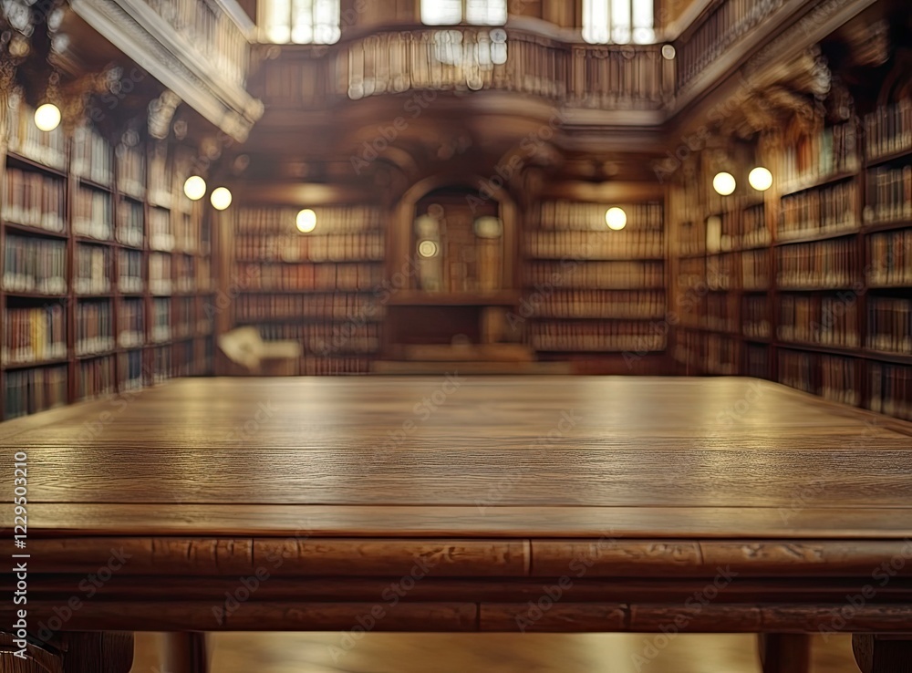 Poster blurred background of an old library with bookshelves and a wooden table for product display, with b