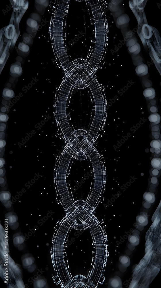 Aufkleber abstract 3d rendered interconnected rings with digital grid on a dark background with bokeh