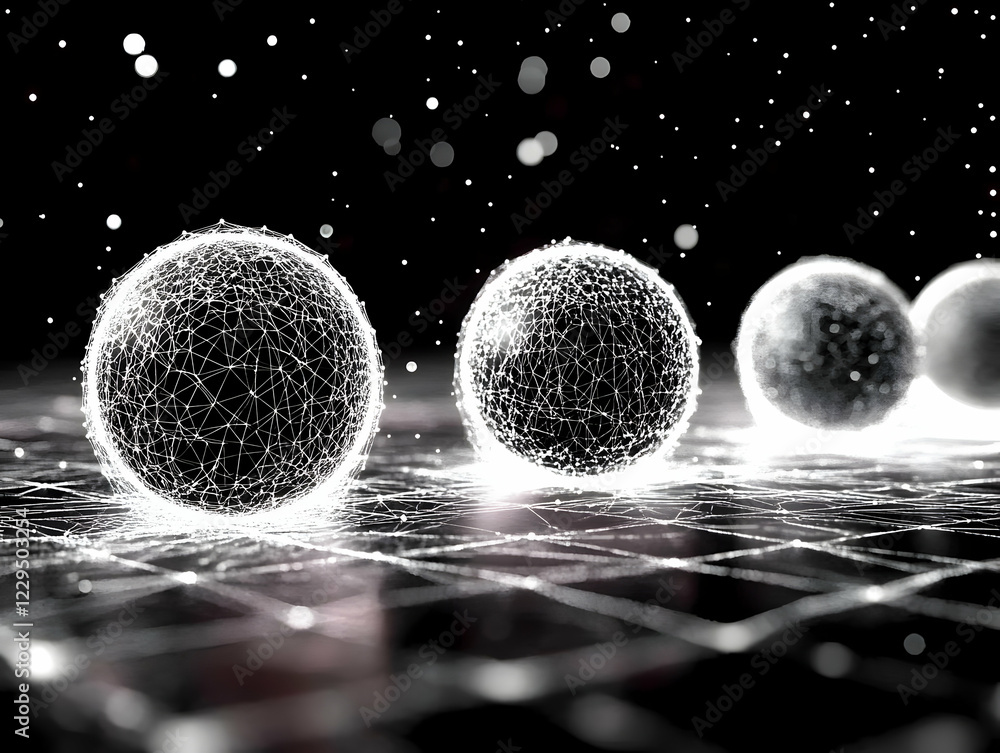 Aufkleber abstract 3d spheres connected by a network of lines on a black background with white particles.