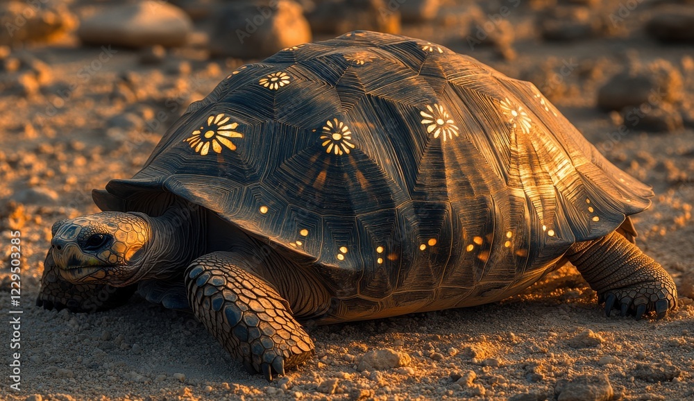 Poster desert tortoise with intricate shell patterns basking in warm sunlight on sandy terrain, showcasing 