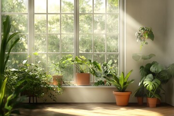 Sunlight filters through large windows illuminating indoor plants in a tranquil green space
