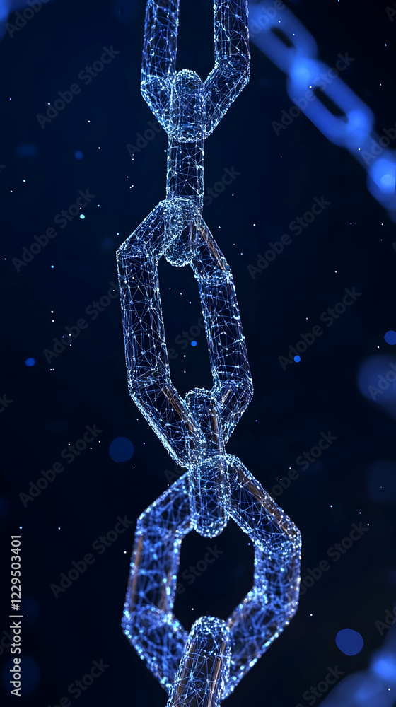 Aufkleber abstract 3d chain links glowing with futuristic network nodes on dark blue background