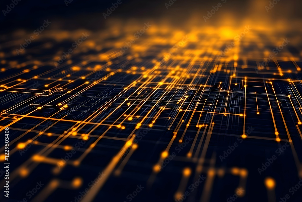 Poster abstract technology background shows interconnected nodes with orange lights and dark background wit