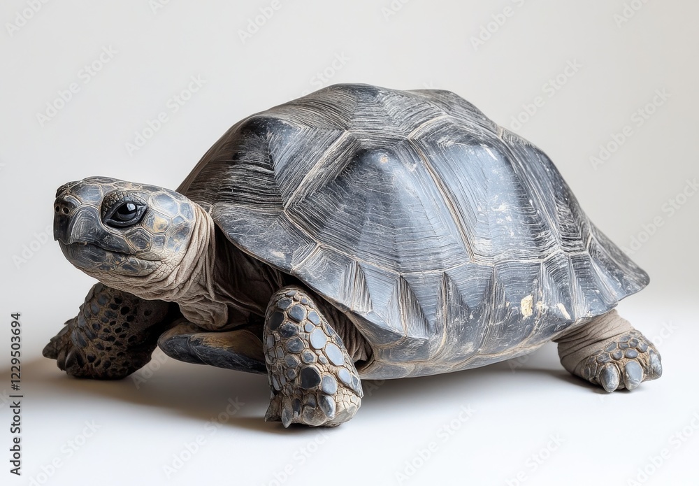Poster detailed close-up of a mature tortoise on a neutral background, showcasing unique shell patterns and