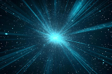 Abstract Blue Light Rays Burst from Center with Particles Dynamically Scattered Across Dark Background