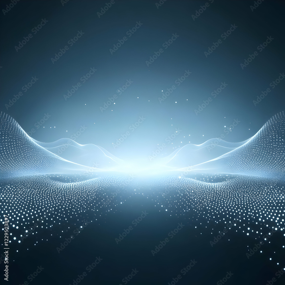 Poster abstract background with glowing particles forms a wave motion on a blue backdrop.