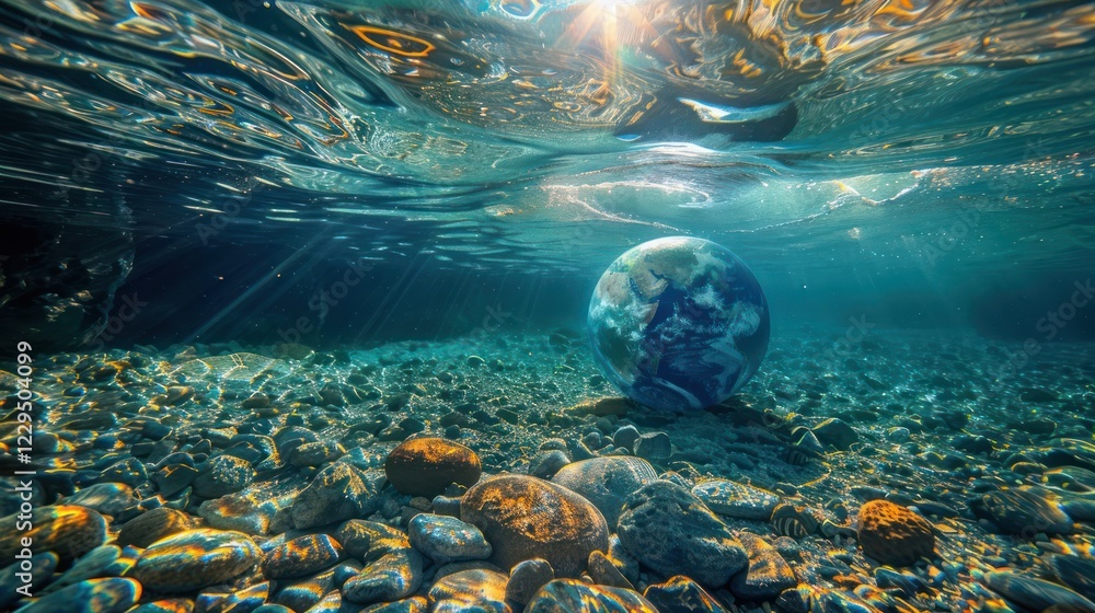 Poster underwater scene showcasing a globe resting on a bed of pebbles with sunlight filtering through
