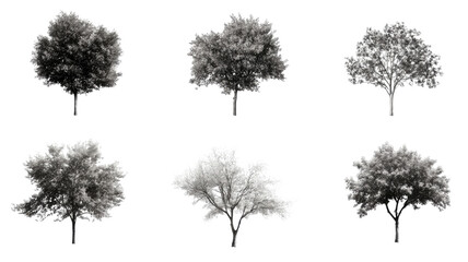Fototapeta premium Visual study of various tree shapes and sizes in a monochrome style across multiple angles