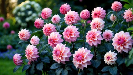 Elegant pink dahlias flourishing in a lush garden © Artem