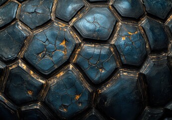 Detailed Close-Up of Cracked Black Shell with Hexagonal Pattern and Rustic Highlights Capturing Nature's Textures and Intricate Designs