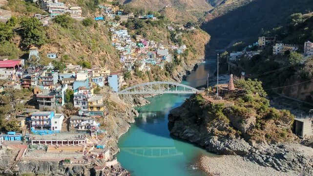 view from the top of the top of the mountain. Houses in mountains. Devprayag - the meeting of two rivers flow in as ganges or ganga river