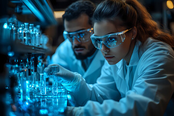 Scientists conducting experiments in a modern high-tech laboratory
