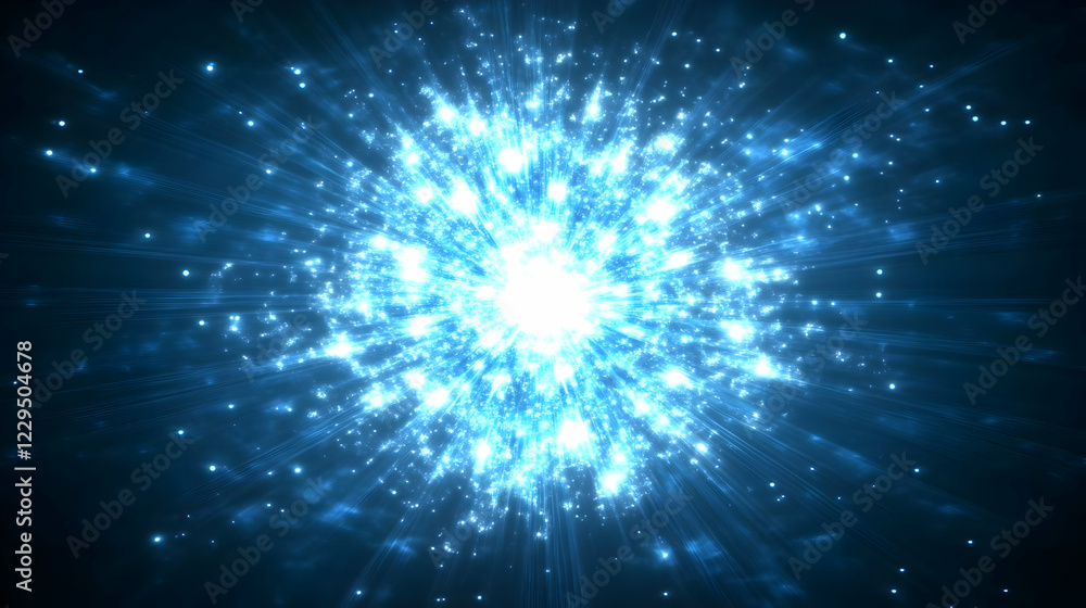 Poster bright blue light explosion radiates with energy particles dynamically in a dark background