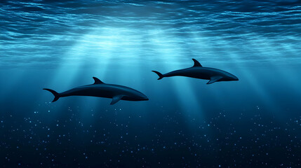 Naklejka premium Two Whales Swim Gracefully in the Deep Blue Ocean with Sparkling Particles Below