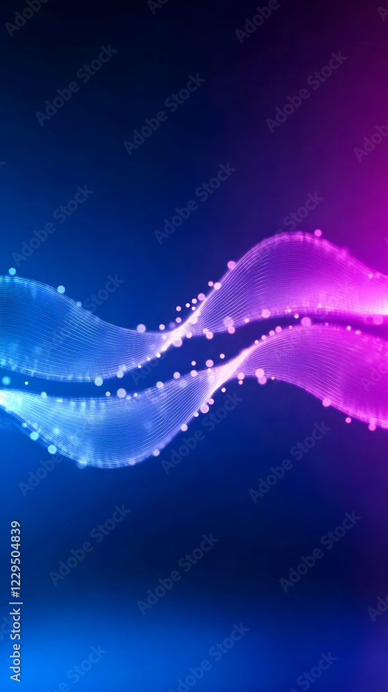 Poster abstract background with glowing wavy lines and particles flowing dynamically in blue and pink