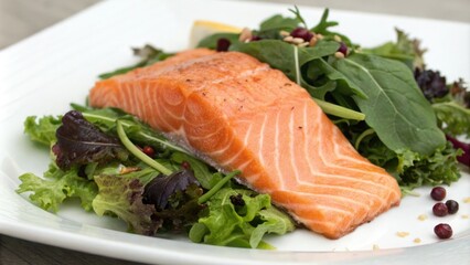 Fresh salmon fillet on a bed of mixed greens salad, fresh ingredients, seafood