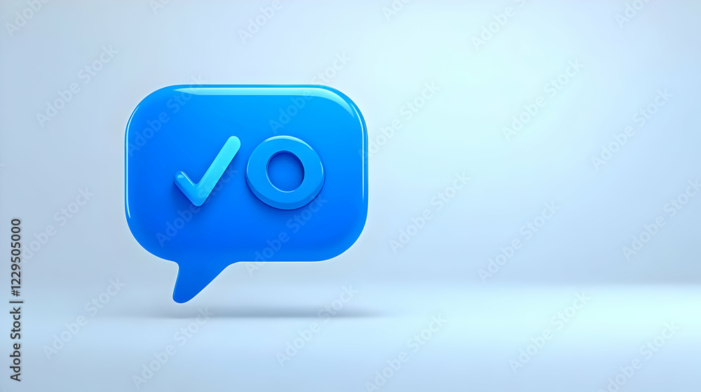 Poster 3d blue checkmark and circle in a speech bubble floating on a light blue background