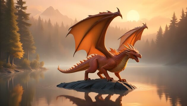 Una gran criatura parecida a un drag&oacute;n naranja con alas que se eleva sobre un lago brumoso y boscoso al atardecer