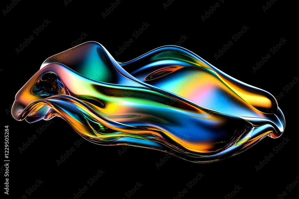 Poster iridescent fluid form flows dynamically on a black background