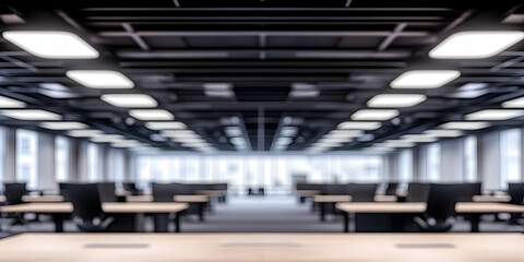 Fototapeta premium Blurred Modern Office Interior Shows Desks and Chairs Under Bright Lights from Ceiling with Windows