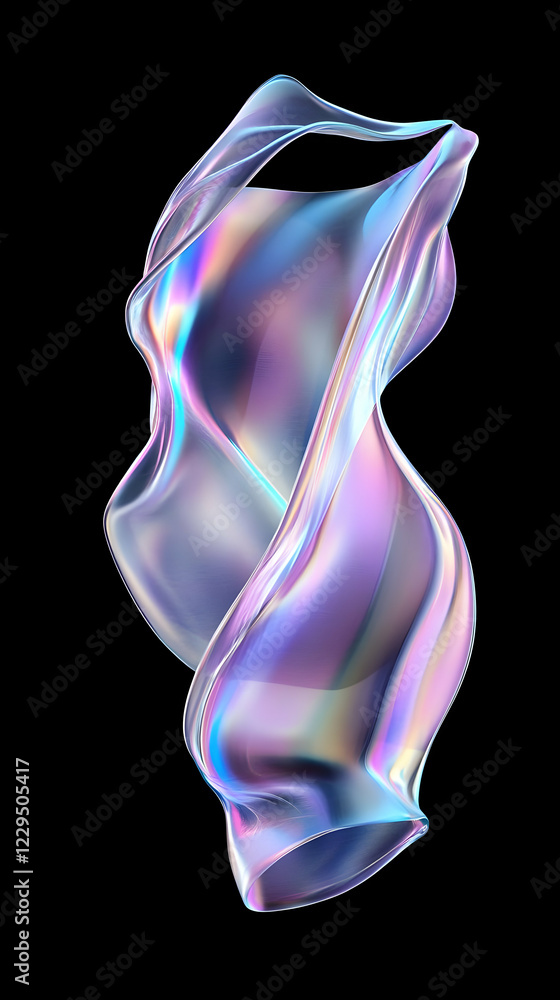 Poster iridescent fluid form twists and flows dynamically against black background, fluid art