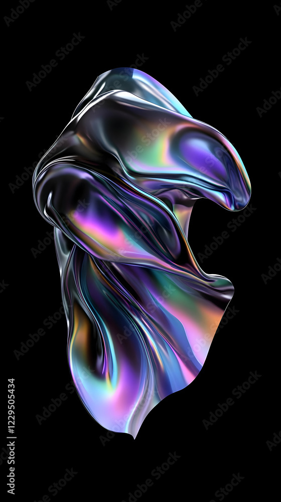 Poster iridescent flowing abstract form on black background