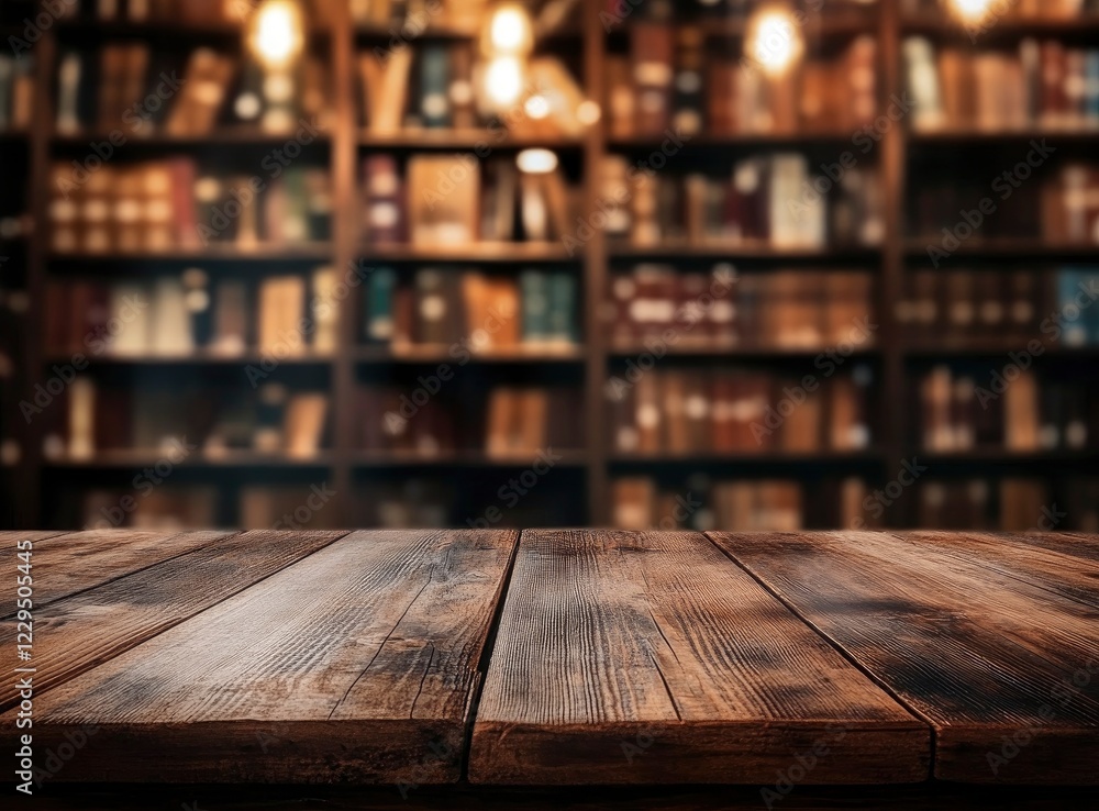 Poster blurred background of an old library with bookshelves and a wooden table for product display, with b