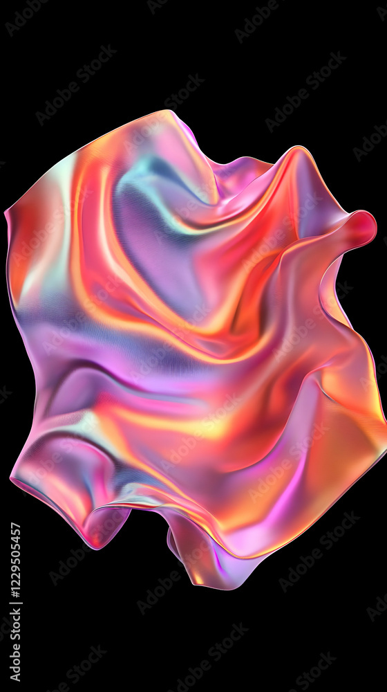 Poster Iridescent Flowing Fabric Abstract 3D Render on a Black Background with Dynamic Lighting