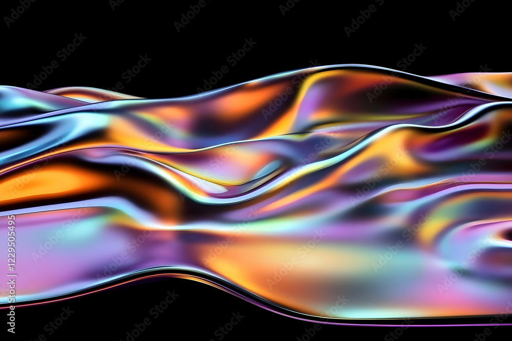 Poster iridescent flowing fabric forms colorful abstract waves on a black background
