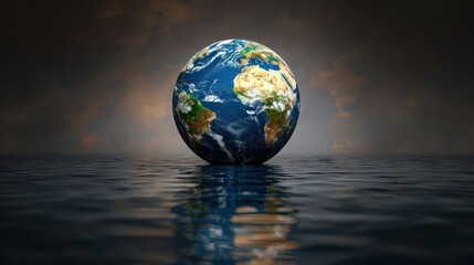 Fototapeta premium A stunning view of Earth reflecting in calm waters under a dramatic sky, symbolizing unity