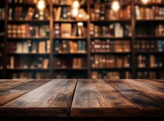 Blurred background of an old library with bookshelves and a wooden table for product display, with bokeh lights. 