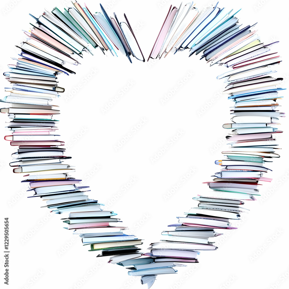 Poster stacks of colorful books form a heart shape on a white background