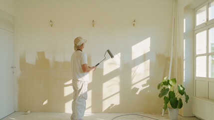 Man Painting Wall with Roller in Beige Colour. House Repair Concept.