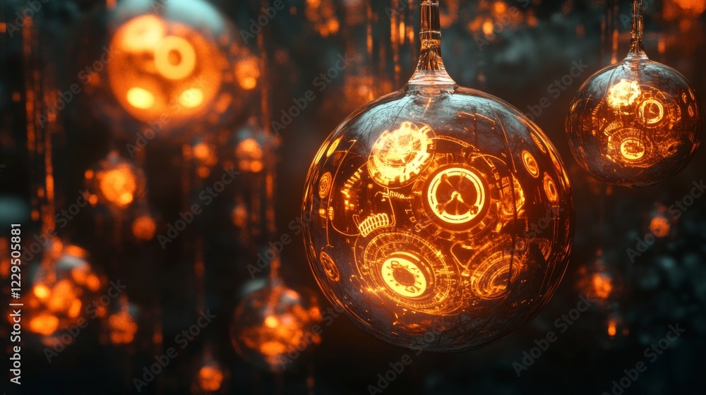 Poster close-up of illuminated orbs with complex designs, creating a futuristic and mysterious atmosphere.