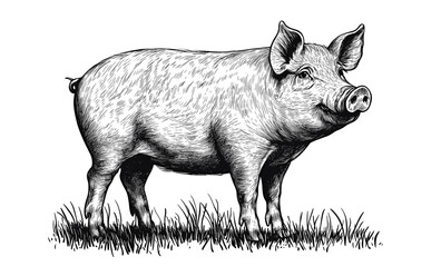 Fototapeta premium Pig, hog, boar. Vintage retro print, black white pig sketch ink pencil style drawing, linear drawing, engrave old school. Sketch artwork silhouette pig, hog, boar. Side view profile. Illustration