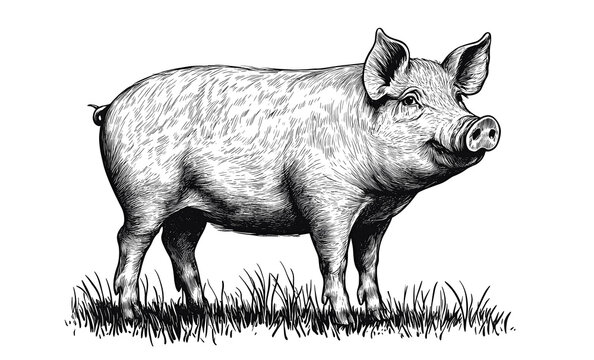 recommend clip art: Pig, hog, boar. Vintage retro print, black white pig sketch ink pencil style drawing, linear drawing, engrave old school. Sketch artwork silhouette pig, hog, boar. Side view profile. Illustration