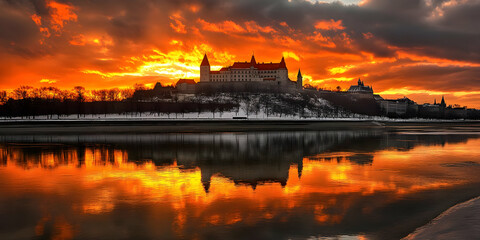 Majestic Castle Reflects in River at Vibrant Sunset with a Snowy Landscape Perfectly Captured