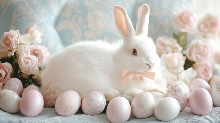 Easter Bunny with Easter Eggs in Victorian Style Interior. Coquette Decoration. 