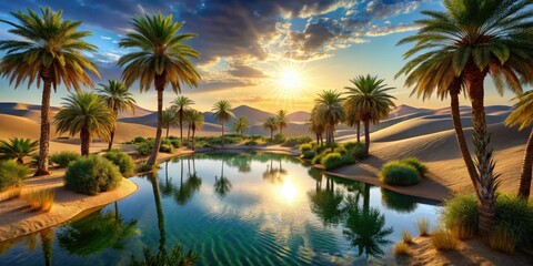 Fototapeta premium Photorealistic 3D render: a lush African oasis, palm trees thriving amidst the desert's harsh beauty.