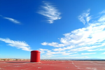 Obraz premium Red Chimney Stands on Rooftop Underneath a Bright Blue Sky with Wispy Clouds and City View